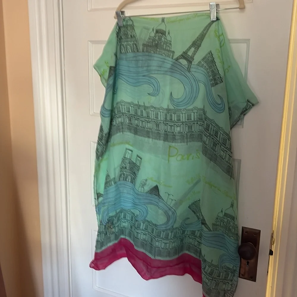 New Infinity Colorful Paris Patterned Scarf. Green and blue with touch o…